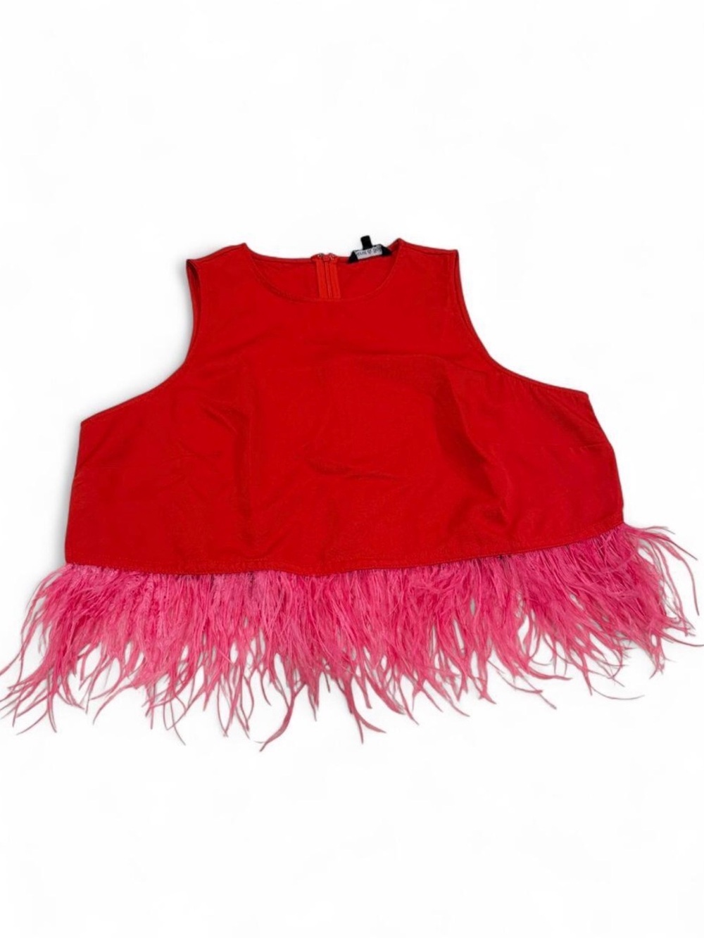 Red Sleeveless Feather-Hem Tank Top